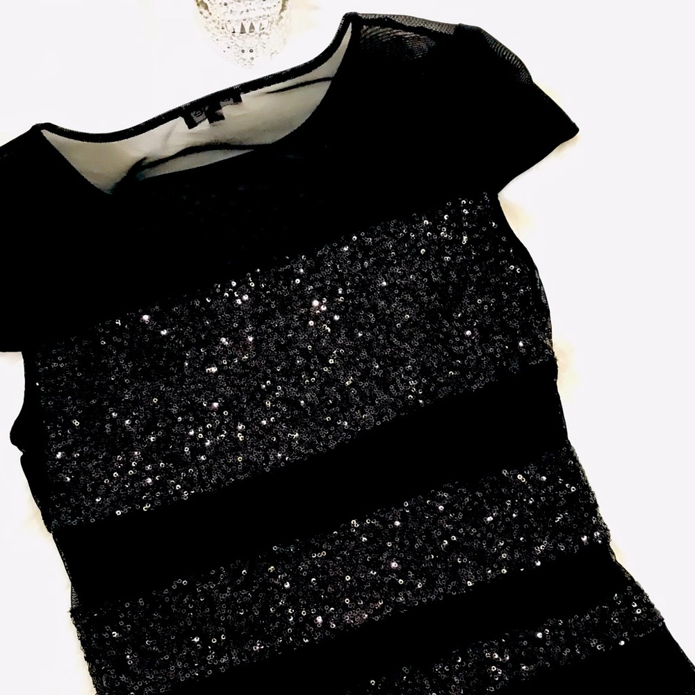 BEBE-sequin and mesh stripes shirt